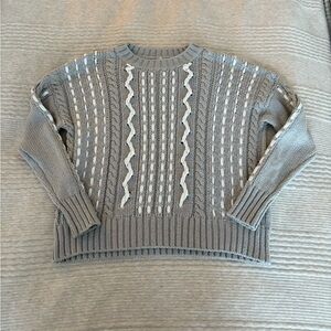 Margaret O’Leary Cable Knit Crew Neck Gray White‎ Statement Sweater Size S